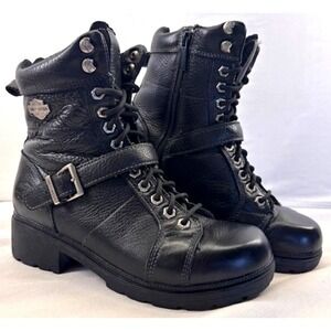 VTG Harley Davidson 8" Black Leather Motorcycle Boots Side Zip Womens US Sz 9